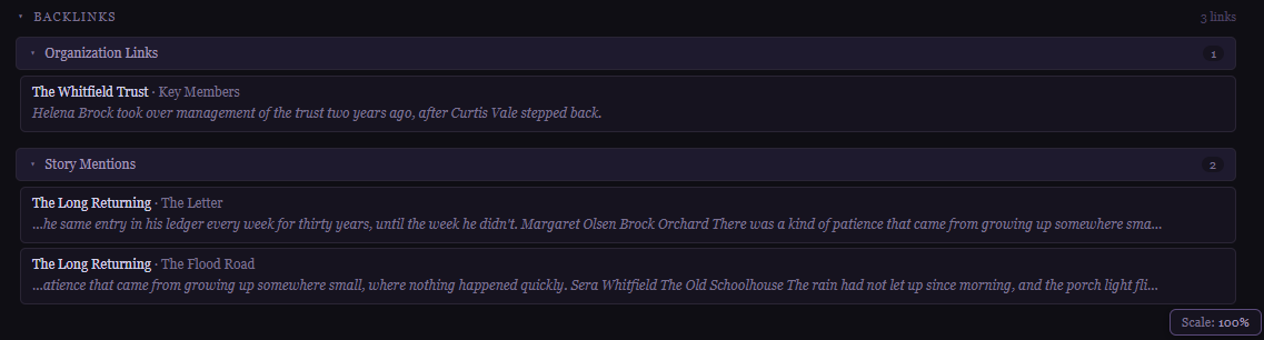 Backlinks panel showing everywhere a character is mentioned