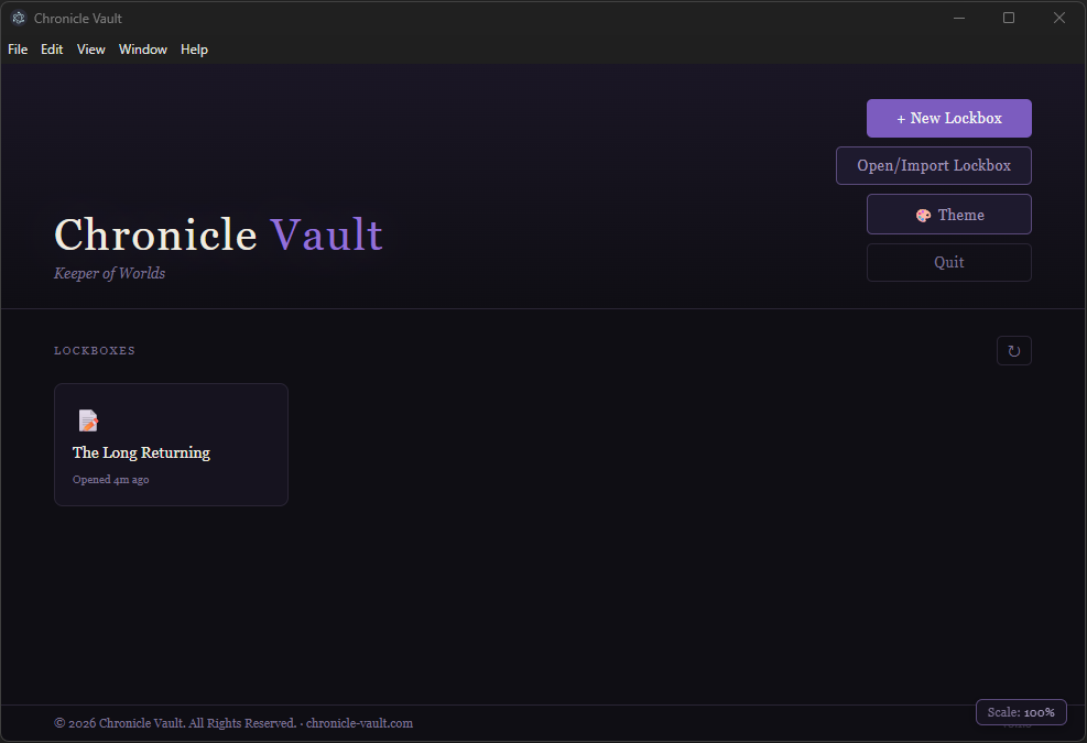 The Chronicle Vault launcher, showing your Lockboxes