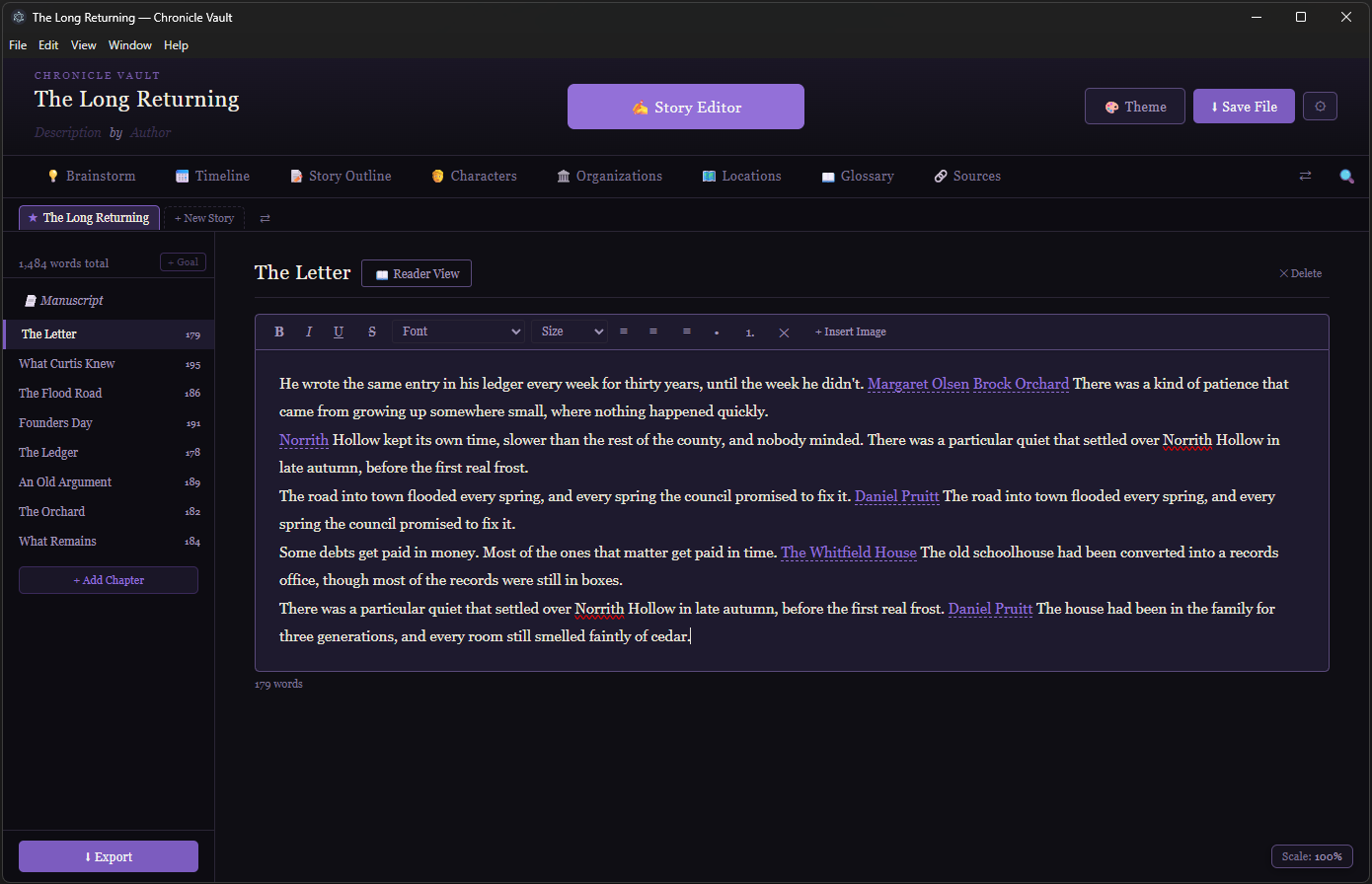 Chronicle Vault's manuscript editor, with linked names in the chapter text