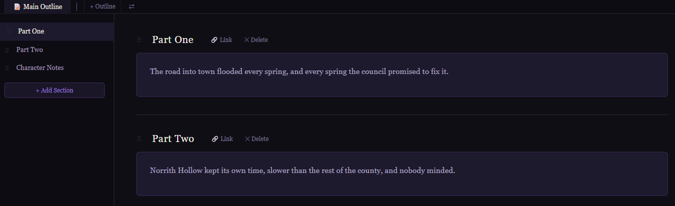Story outline with sections linked to characters and events