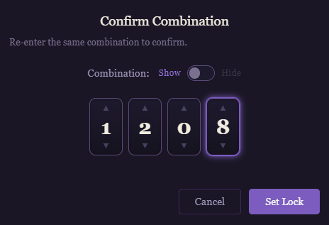 Setting a combination to lock a Lockbox, with an option to show or hide the digits